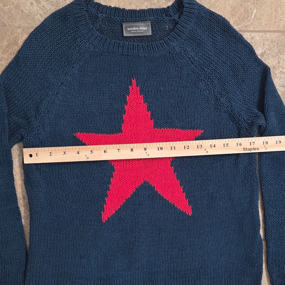 Wooden Ships Paola Buendia Navy Blue Red Star Knit Sweater Womens XS/S Raglan - Picture 3 of 7